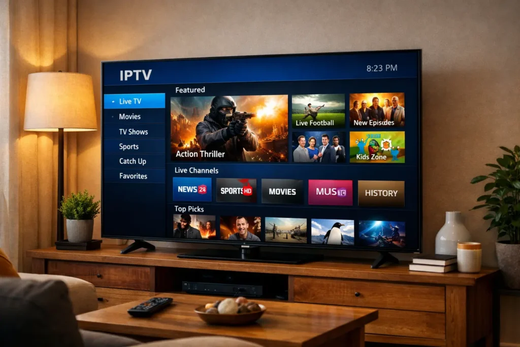 Modern smart TV displaying an IPTV streaming interface in a living room setting