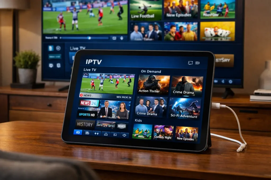 IPTV streaming setup showing live TV and on-demand content on a connected device